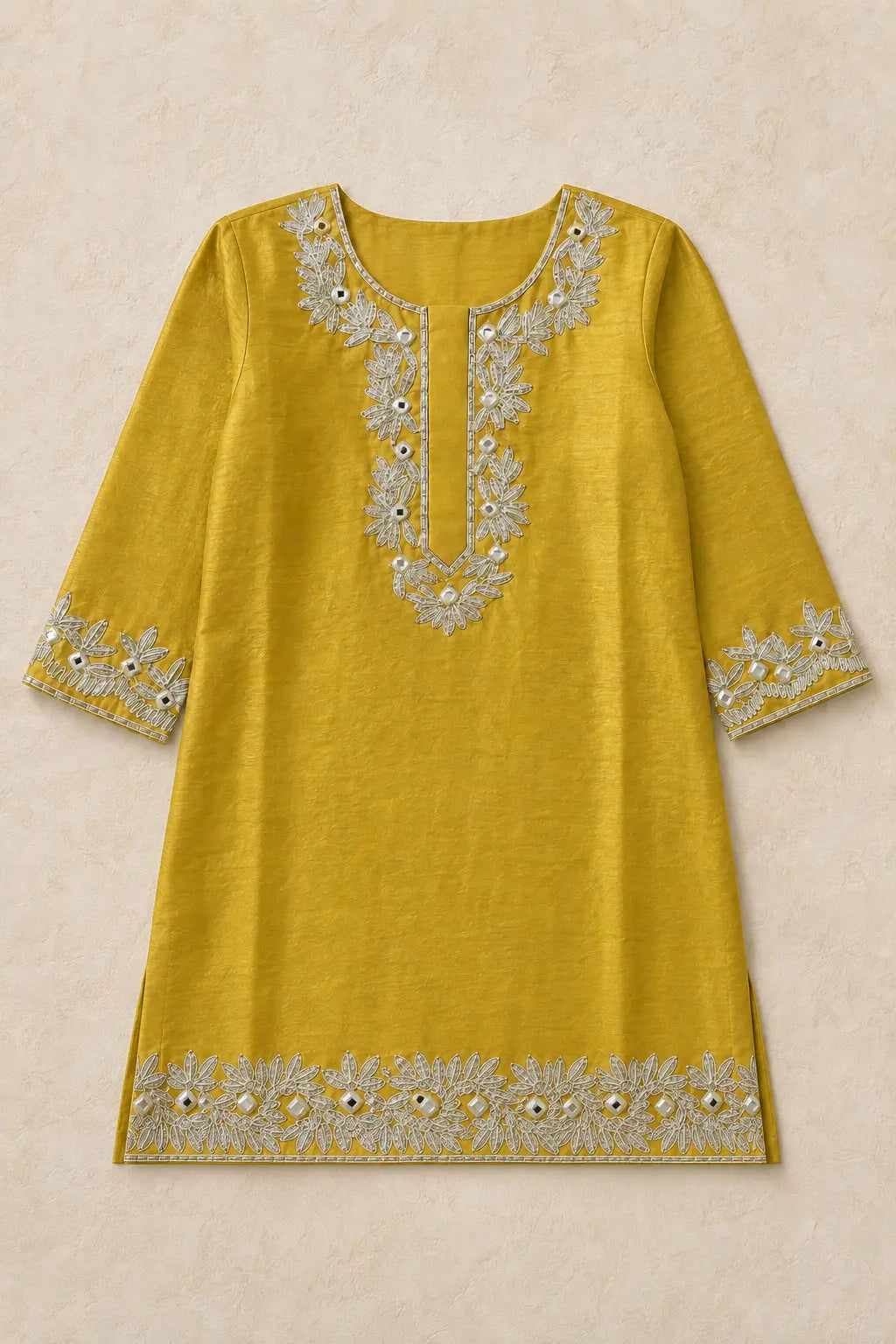 Mustard soft silk girls kurta with mirror and gota work, front view