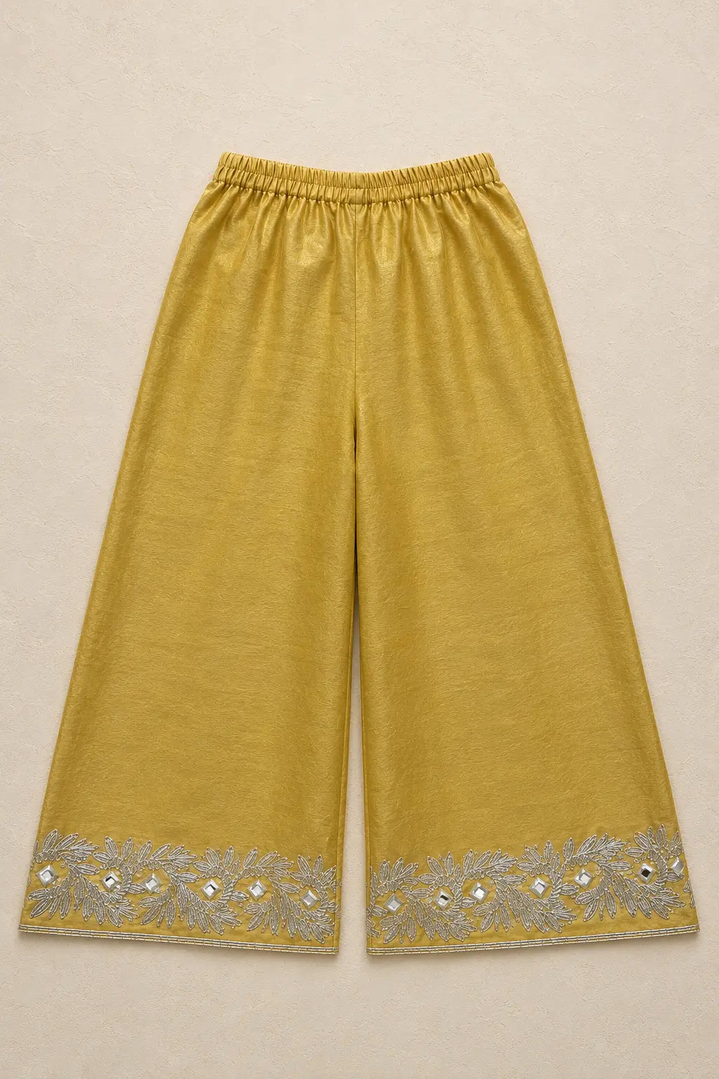 Mustard soft silk flared pants with embellished hem