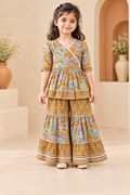 Mustard Floral Peplum Sharara Set for Girls — front hero