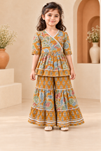 Mustard Floral Peplum Sharara Set for Girls — straight front view