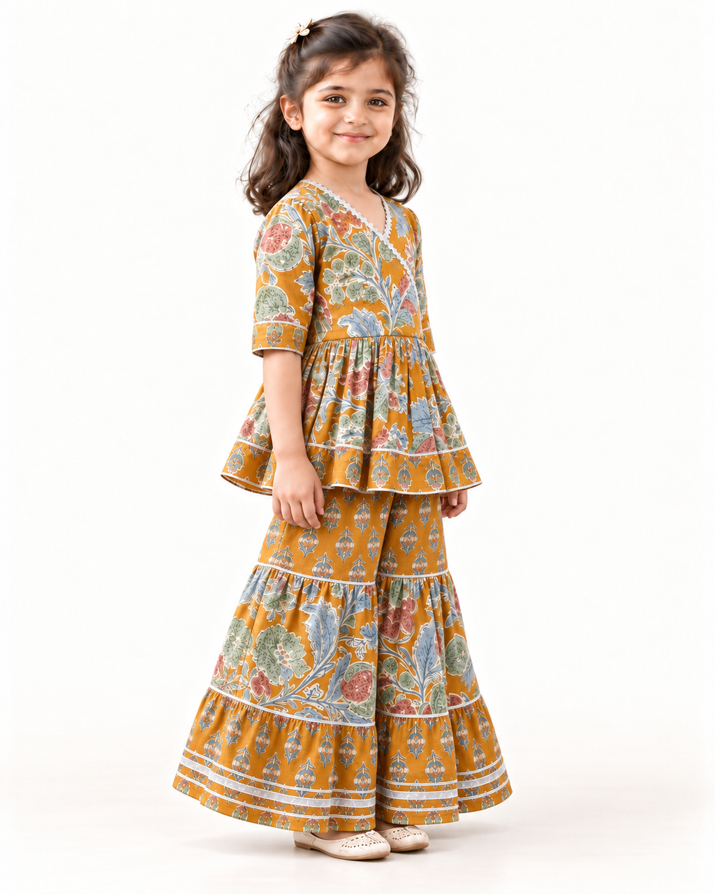 Mustard Floral Peplum Sharara Set for Girls — three-quarter view