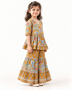 Mustard Floral Peplum Sharara Set for Girls — three-quarter view