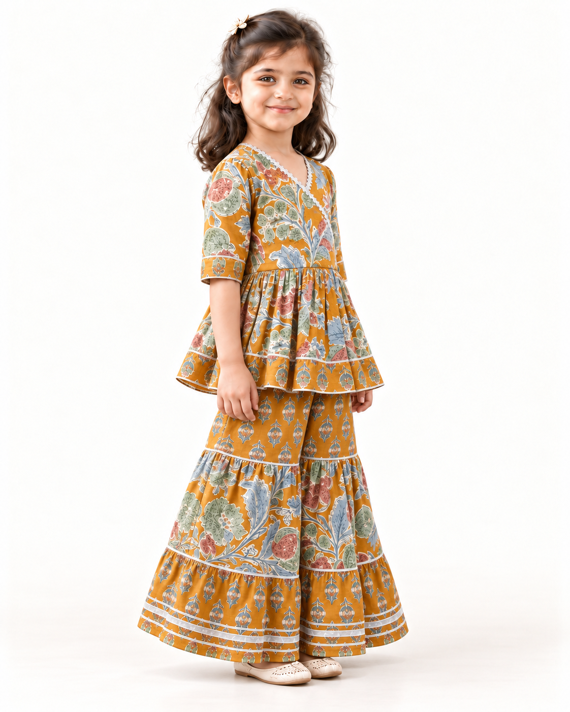 Mustard Floral Peplum Sharara Set for Girls — three-quarter view
