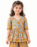 Mustard Floral Peplum Sharara Set for Girls — wrap neckline and peplum detail