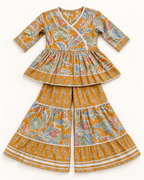 Mustard Floral Peplum Sharara Set for Girls — front outfit flat lay