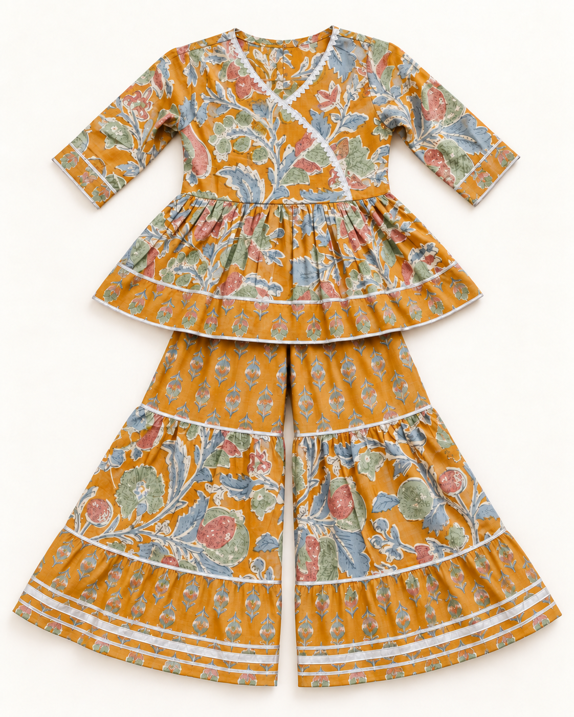 Mustard Floral Peplum Sharara Set for Girls — front outfit flat lay