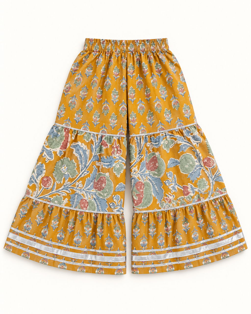 Mustard Floral Peplum Sharara Set for Girls — tiered sharara trousers flat lay