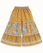 Mustard Floral Peplum Sharara Set for Girls — tiered sharara trousers flat lay