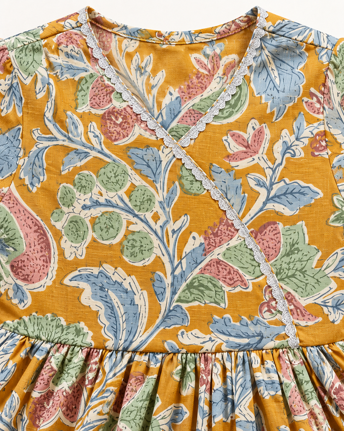 Mustard Floral Peplum Sharara Set for Girls — floral fabric and silver-toned trim close-up