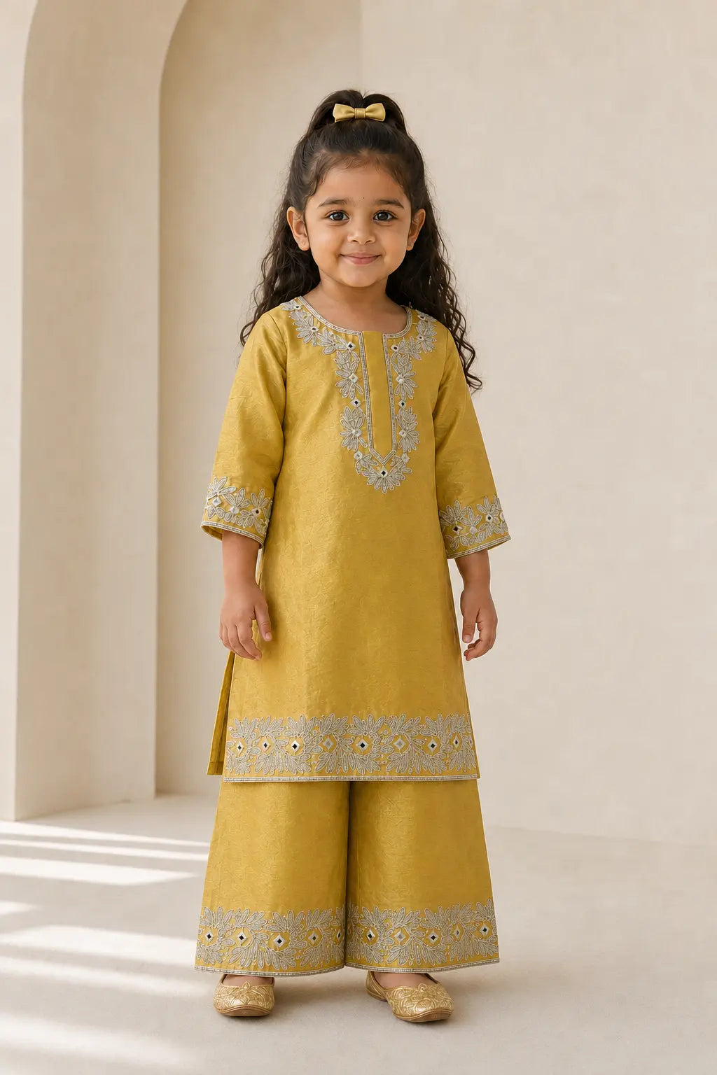 Girl in mustard kurta and flared pants, alternate front view