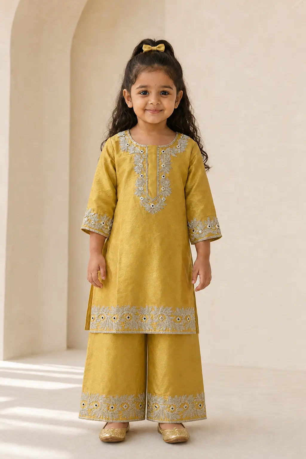 Girl wearing mustard mirror and gota work kurta with flared pants, front view