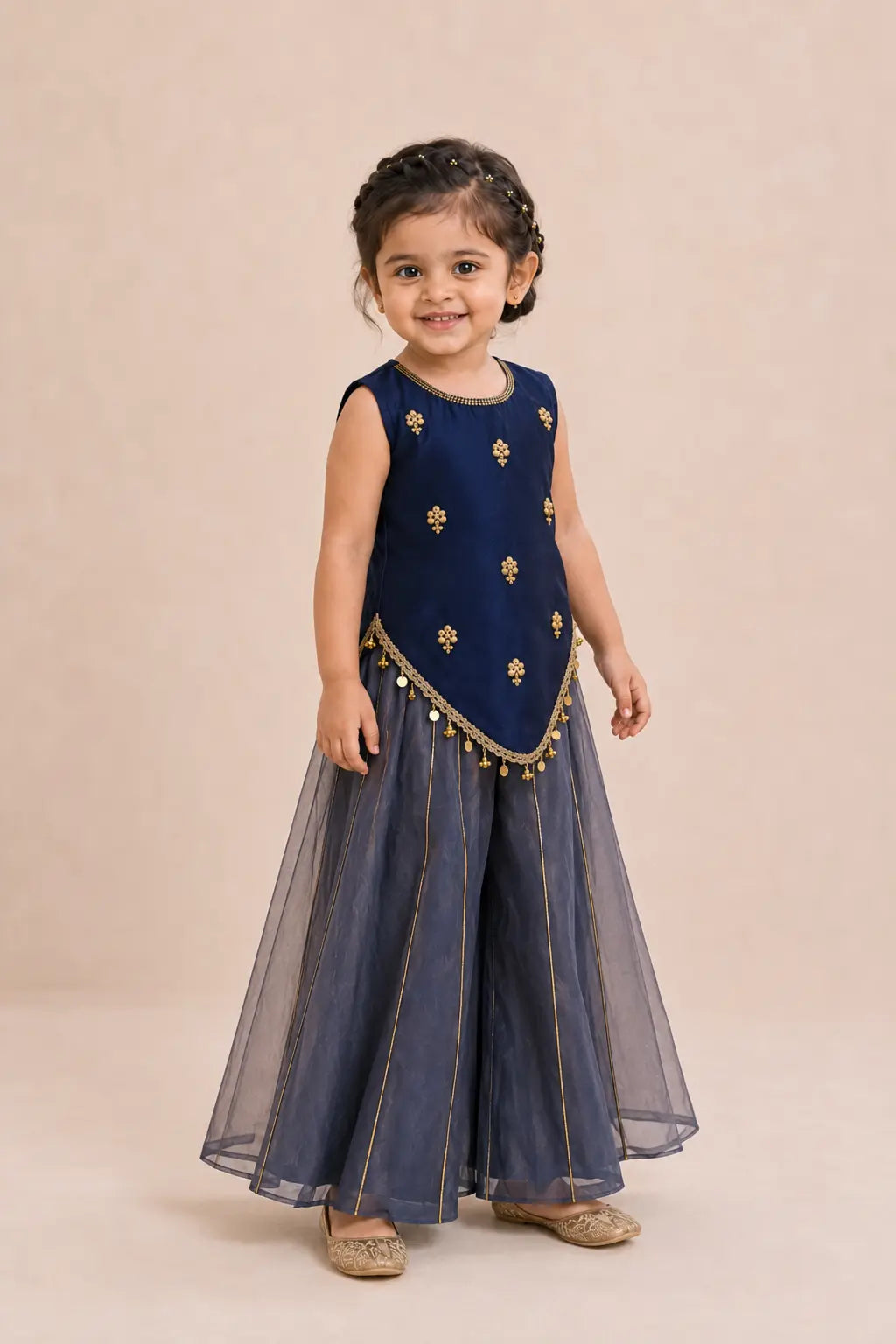 Girl in navy blue Indo-Western sharara set, alternate front view