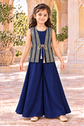 Girl wearing a navy blue pearl satin jacket and palazzo set with gold-toned cutwork lace and front and side ties