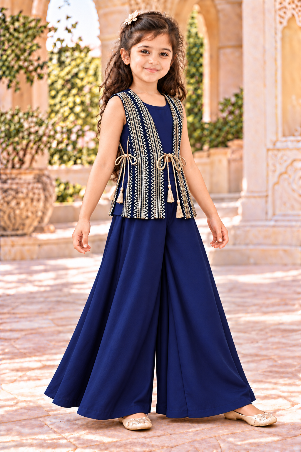 Angled view of the navy three-piece outfit showing the geometric lace jacket and side tie-up