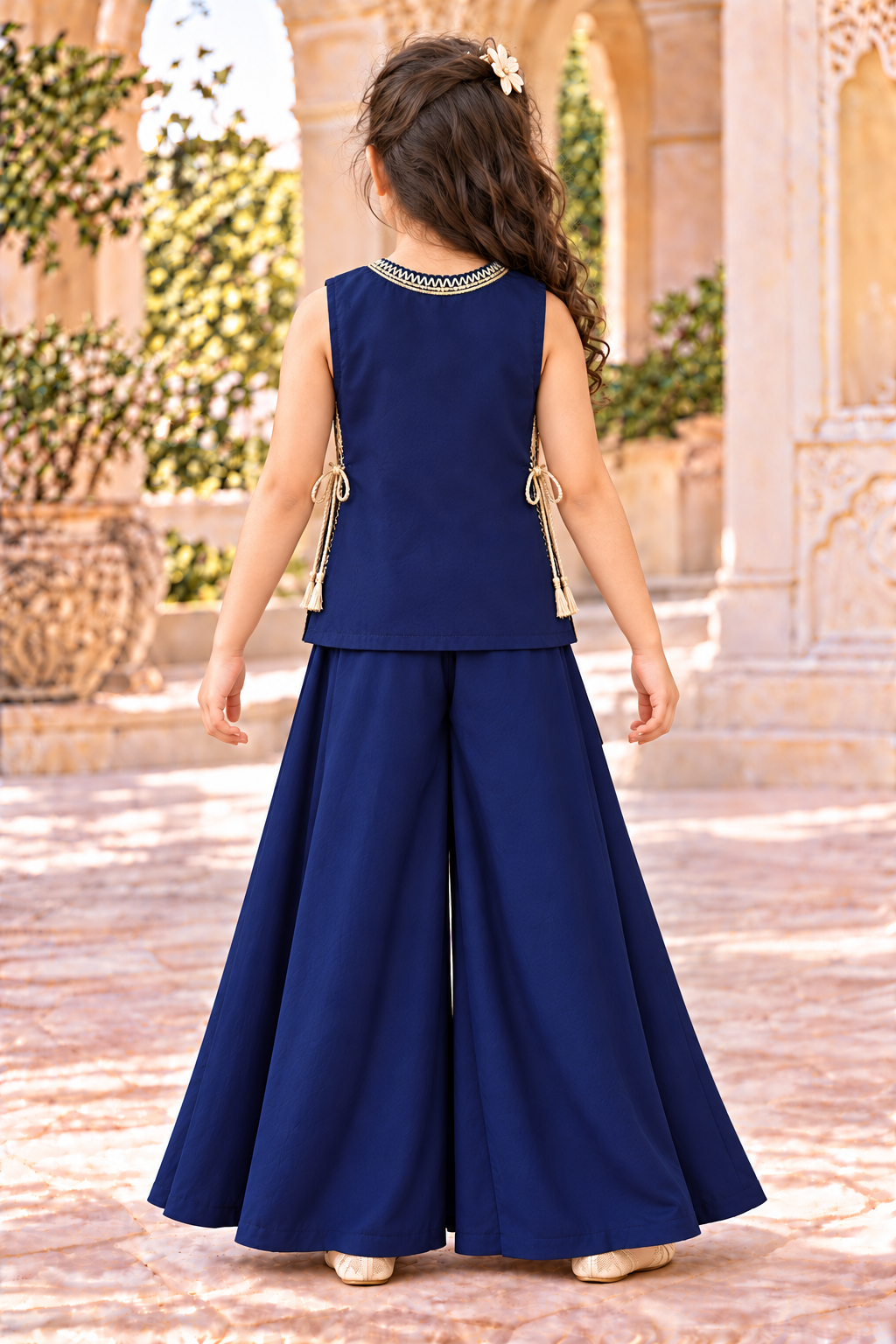 Plain navy jacket back with gold-toned neckline trim and side rope ties above matching palazzo trousers