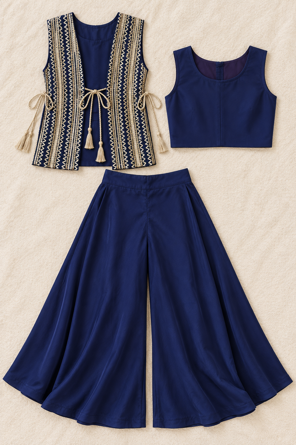 Flat lay showing the separate plain cropped blouse, gold-detail tie-up jacket and navy palazzo trousers