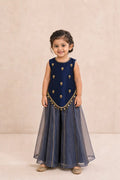 Girl wearing navy blue zardosi and cutdana top with dusty navy sharara, front view