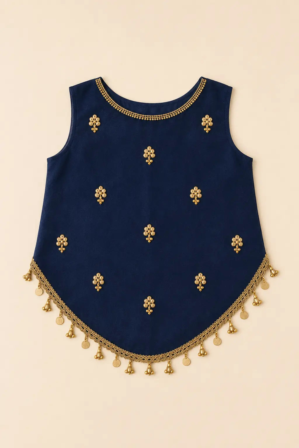 Navy blue candy silk top with zardosi butti and cutdana handwork