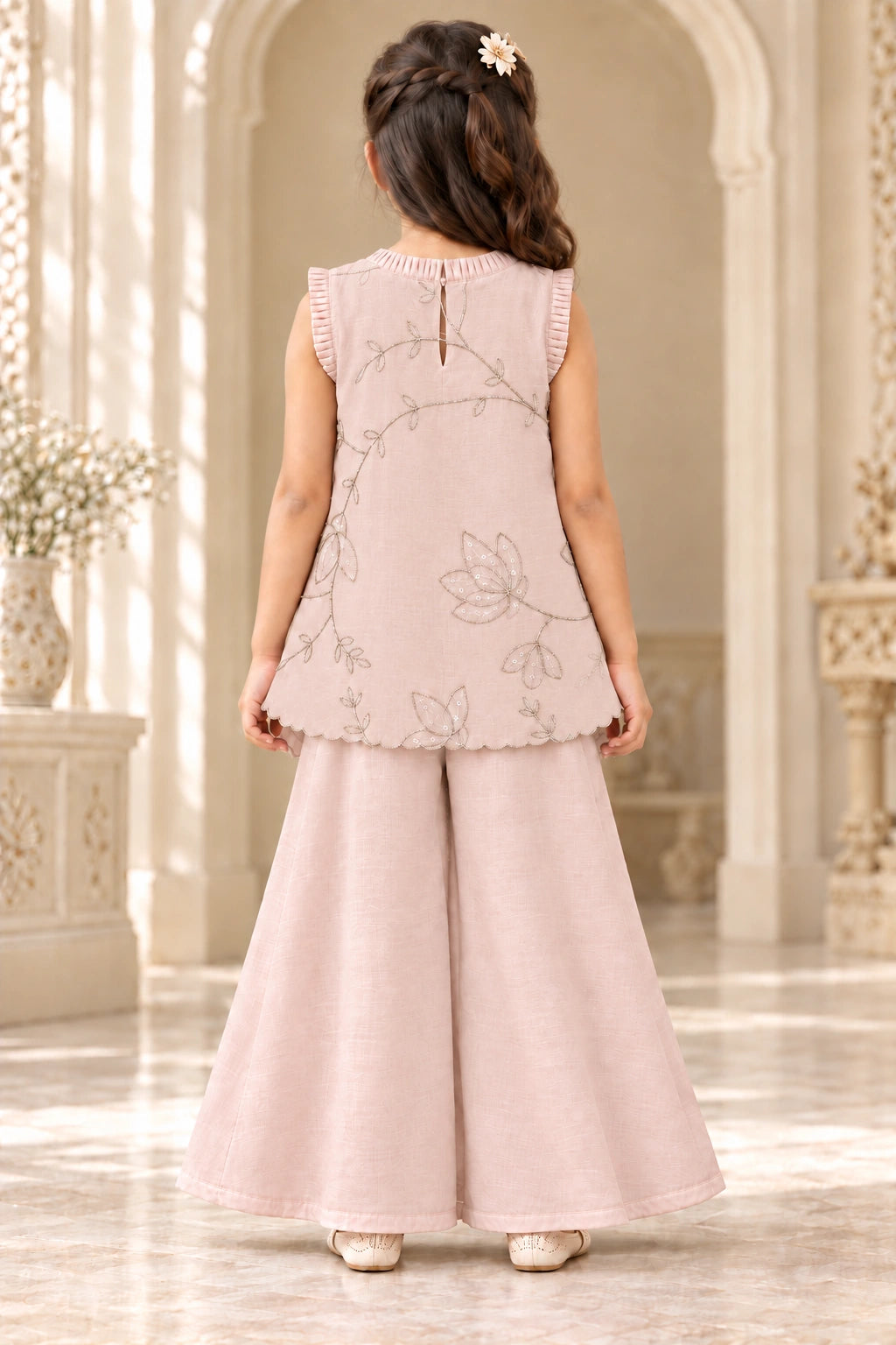 Back view of girls nude pink mulmul top with curved scalloped hem and palazzo trousers