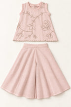 Nude pink girls pita work top and wide-flared palazzo set, front flat lay