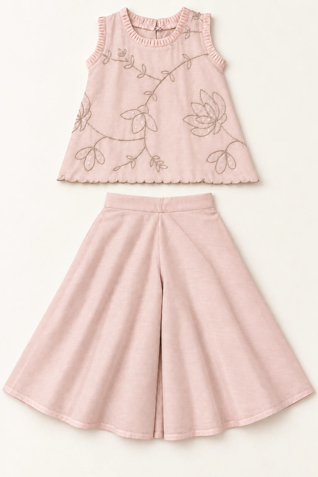 Nude pink girls pita work top and wide-flared palazzo set, front flat lay