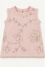 Pleated neckline, armhole edging and floral pita work on nude pink girls top