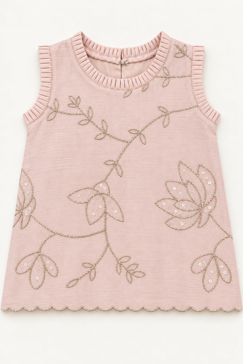 Pleated neckline, armhole edging and floral pita work on nude pink girls top
