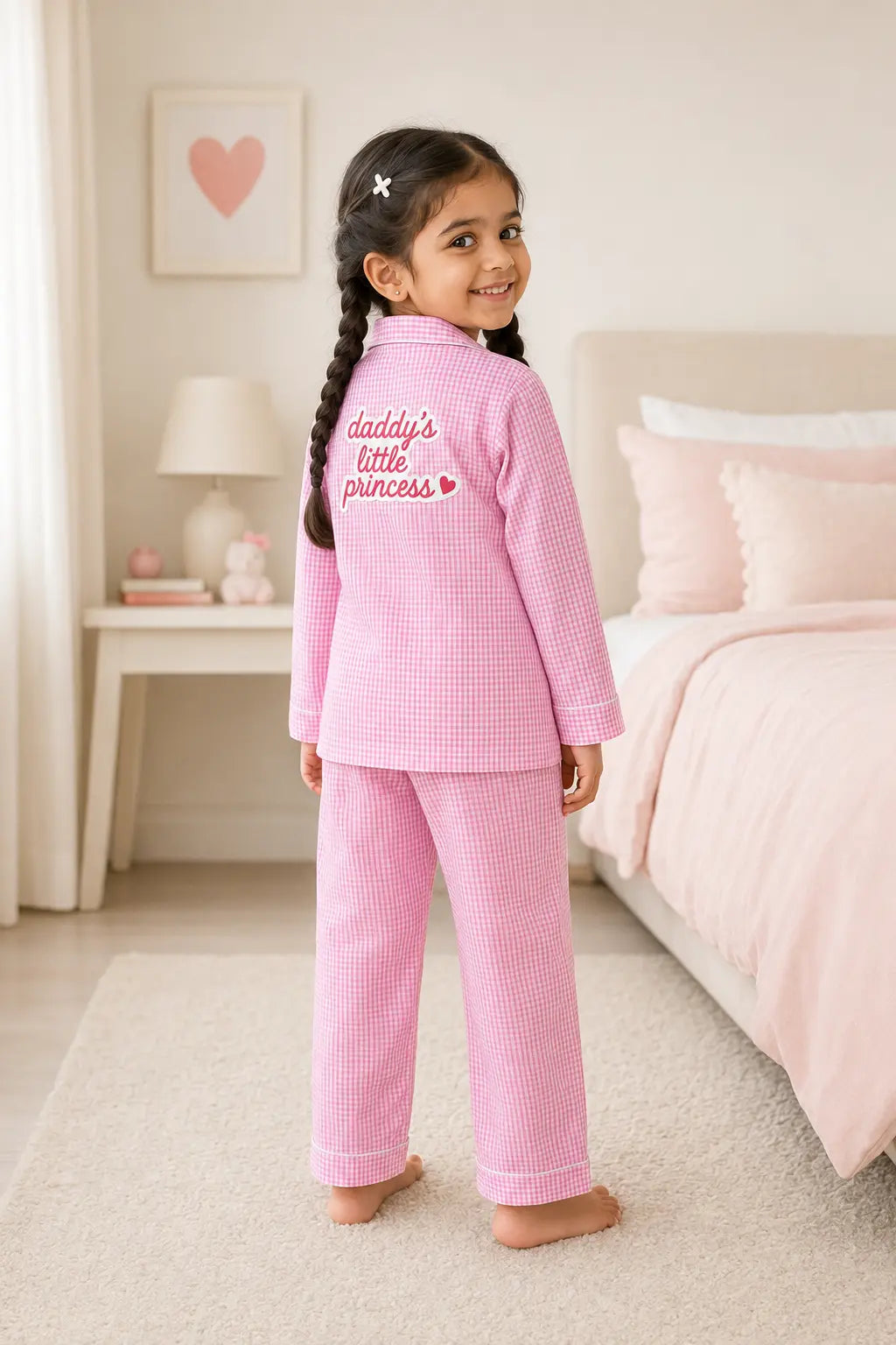 Girl wearing pink gingham night suit, back view with Daddy's Little Princess print