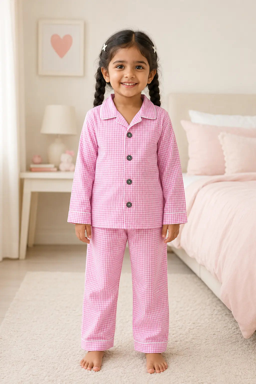 Girl wearing bubblegum pink gingham Princess night suit, front view