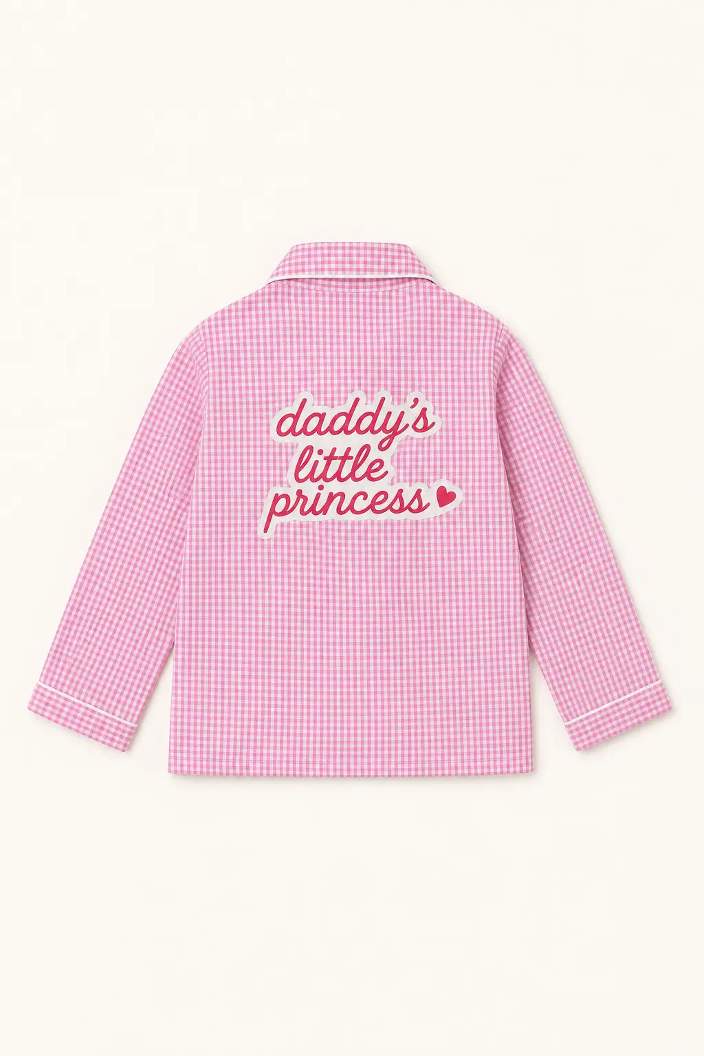 Bubblegum pink gingham night suit shirt, back view with printed wording