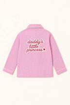 Bubblegum pink gingham night suit shirt, back view with printed wording