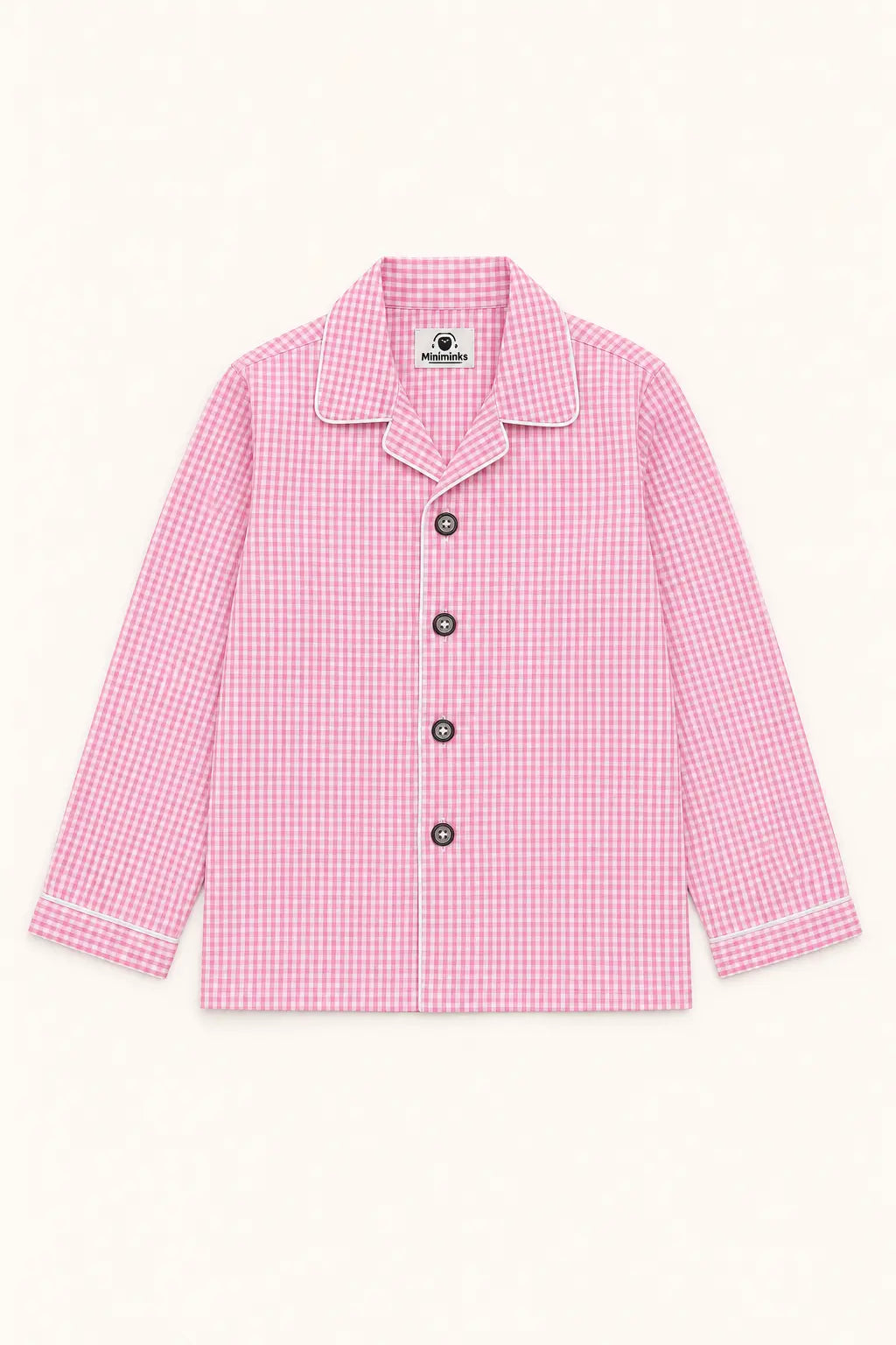 Bubblegum pink gingham night suit shirt, front view