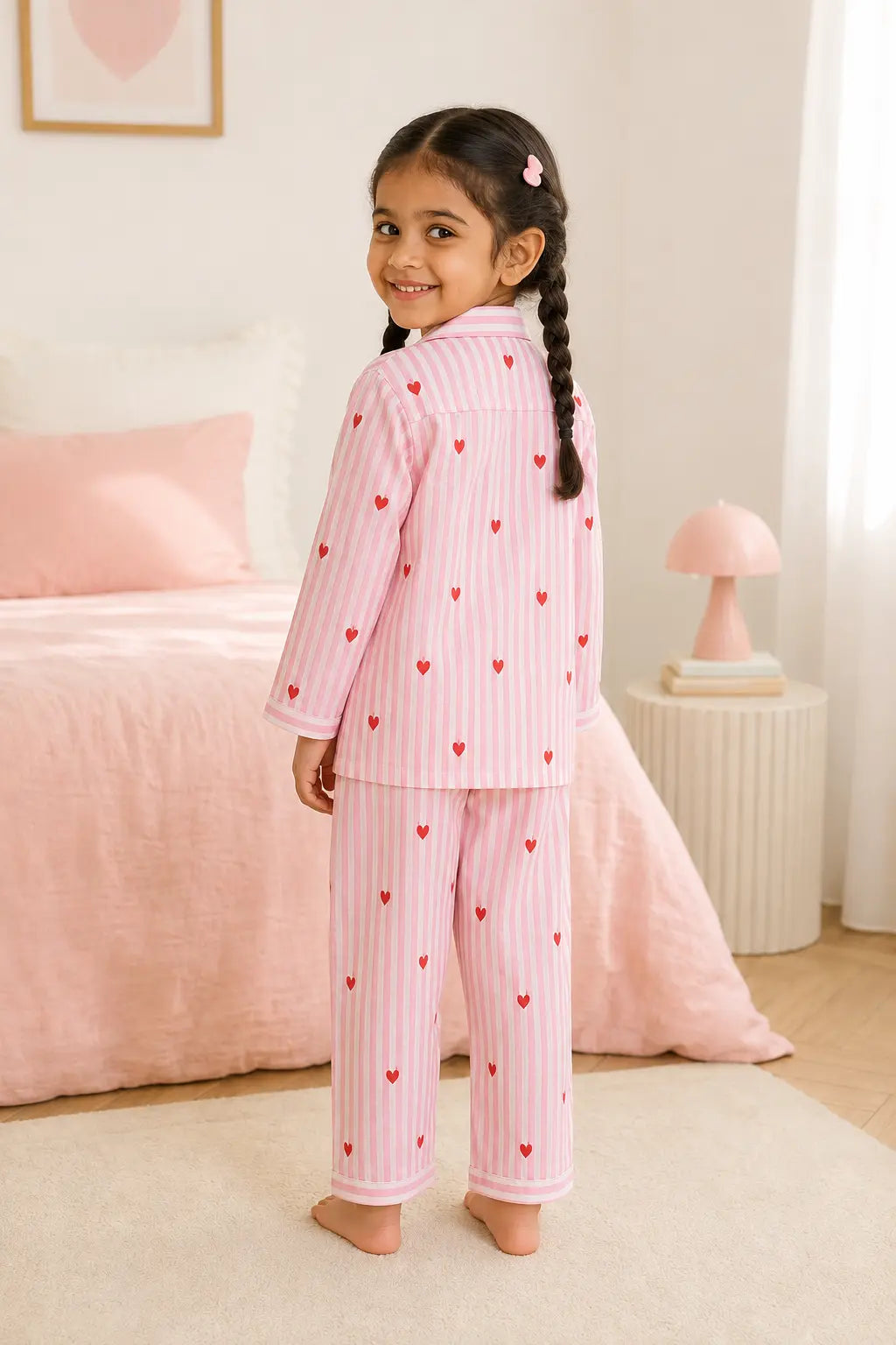 Girl wearing pink striped heart print night suit, back view