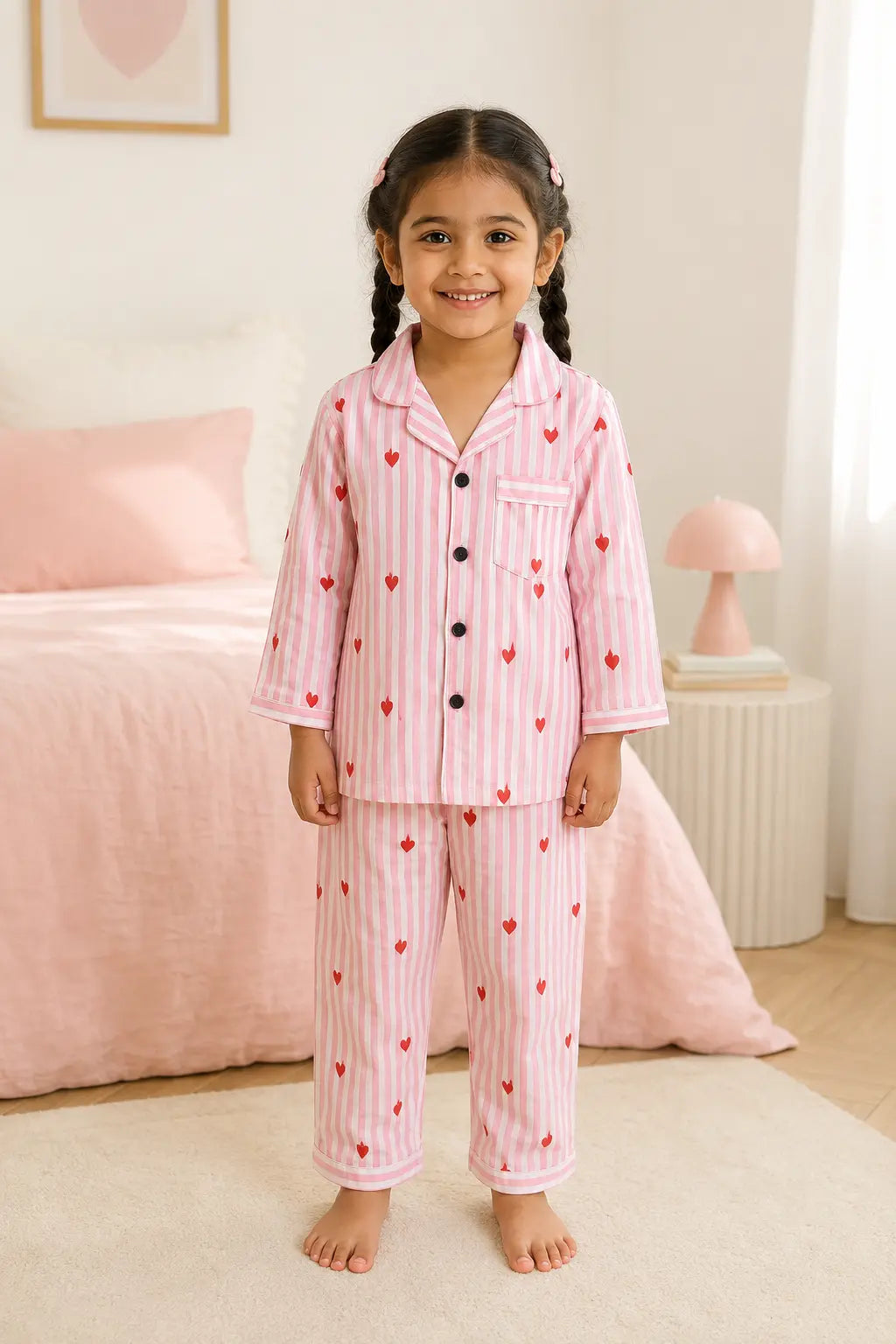 Girl wearing pink striped heart print night suit, front view