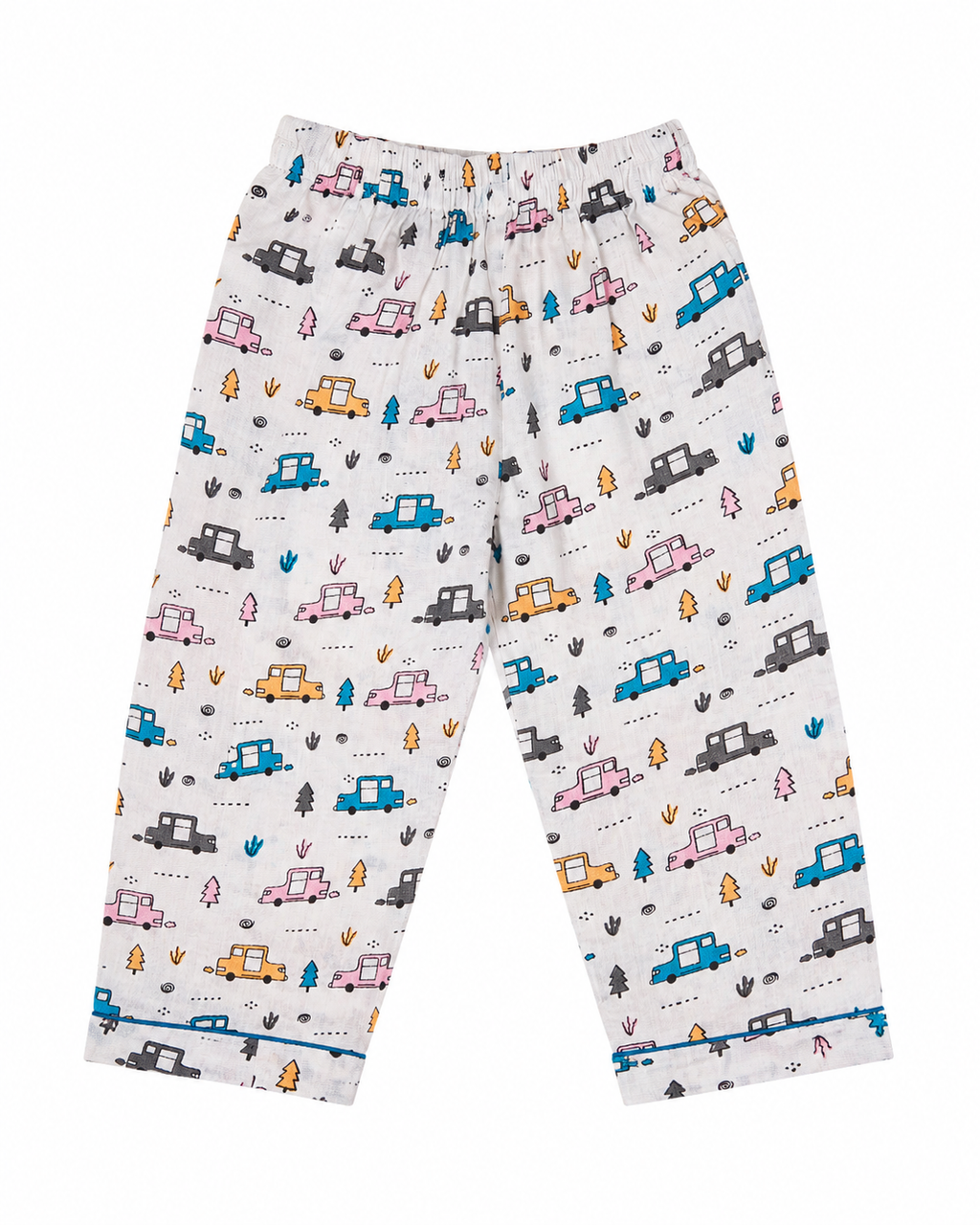 Children's pajama pants with car pattern on a white background