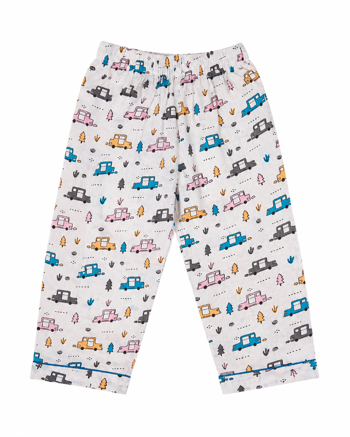 Children's pajama pants with car pattern on a white background