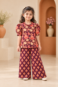 Plum Floral Puff-Sleeve Palazzo Set for Girls — front hero