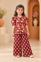 Plum Floral Puff-Sleeve Palazzo Set for Girls — straight front view