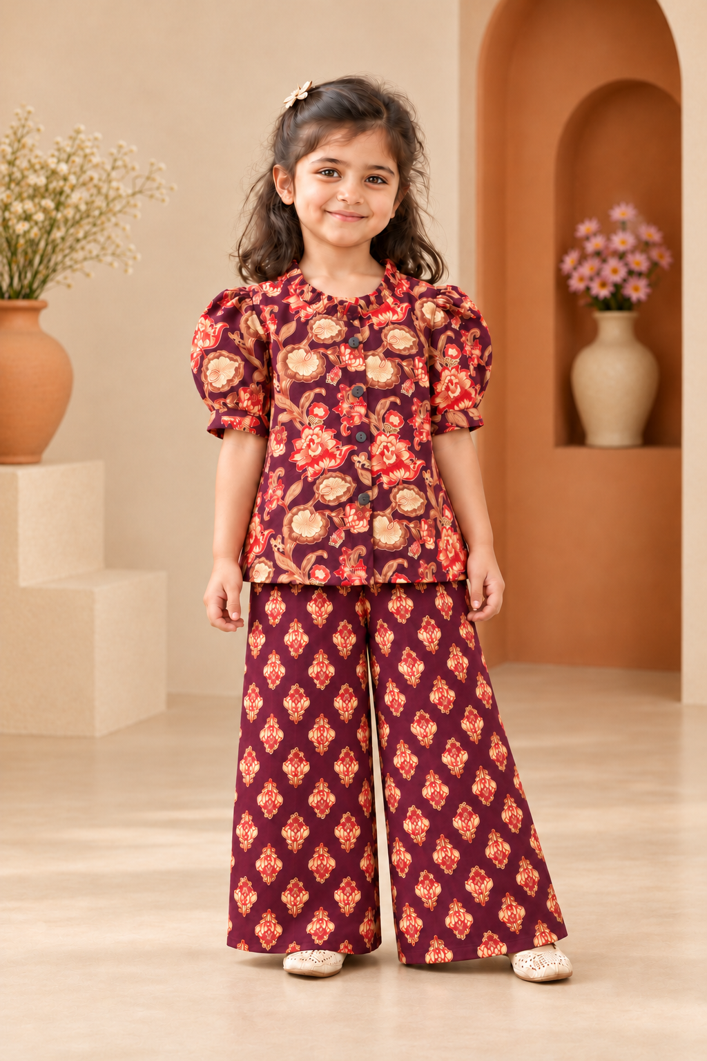 Plum Floral Puff-Sleeve Palazzo Set for Girls — straight front view