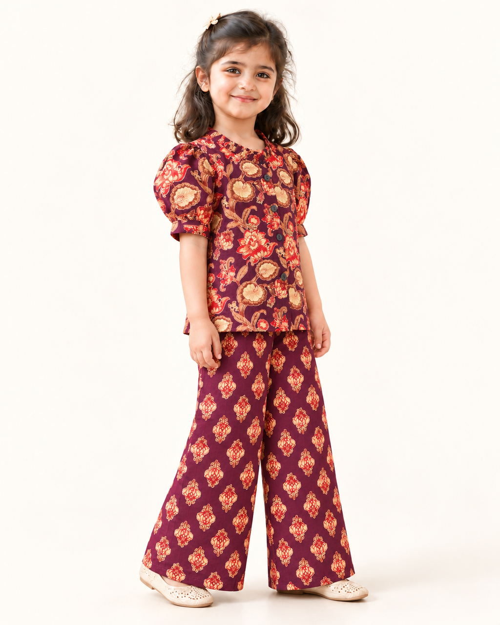Plum Floral Puff-Sleeve Palazzo Set for Girls — three-quarter view