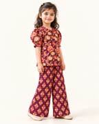 Plum Floral Puff-Sleeve Palazzo Set for Girls — three-quarter view