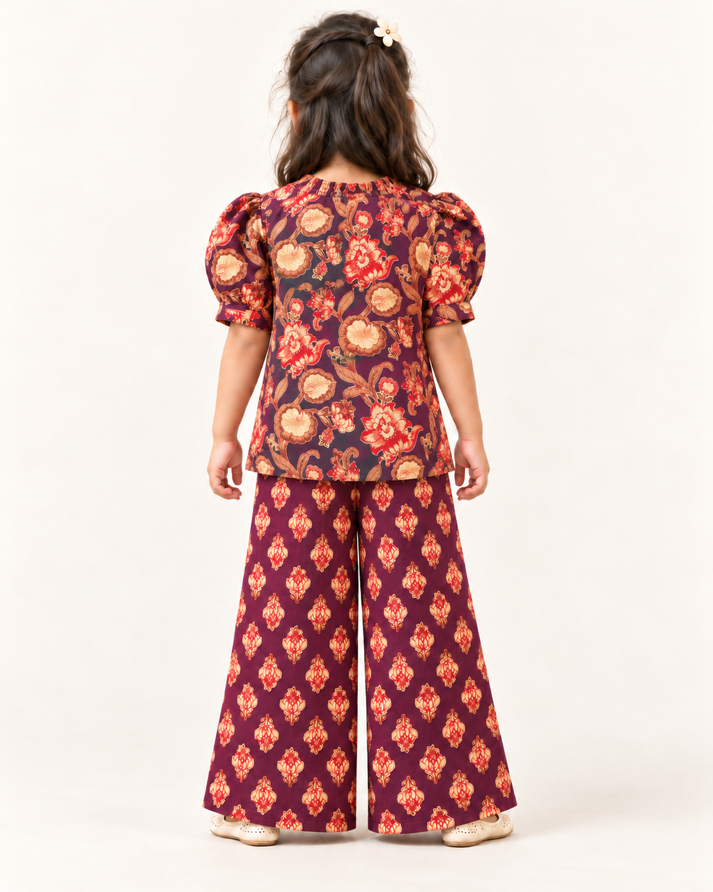 Plum Floral Puff-Sleeve Palazzo Set for Girls — back model view
