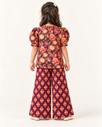 Plum Floral Puff-Sleeve Palazzo Set for Girls — back model view