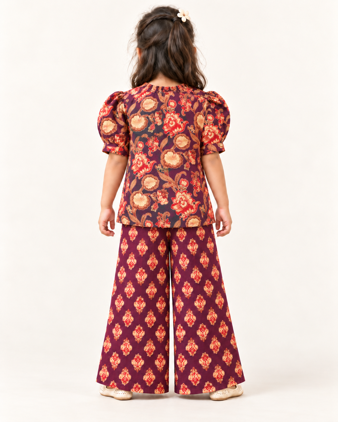 Plum Floral Puff-Sleeve Palazzo Set for Girls — back model view