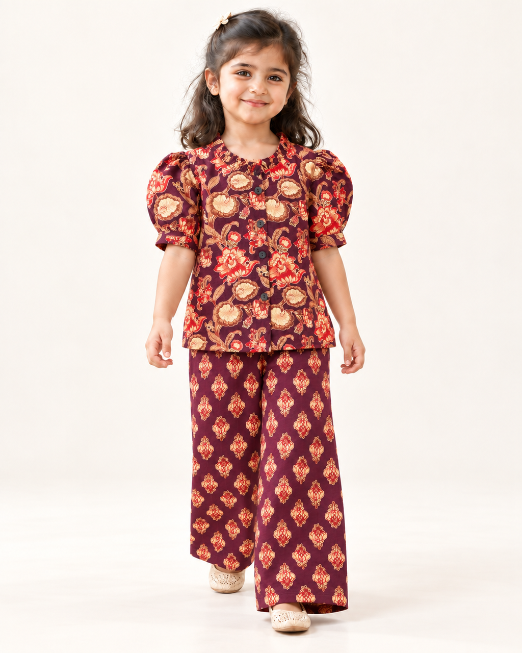 Plum Floral Puff-Sleeve Palazzo Set for Girls — walking view