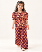 Plum Floral Puff-Sleeve Palazzo Set for Girls — walking view