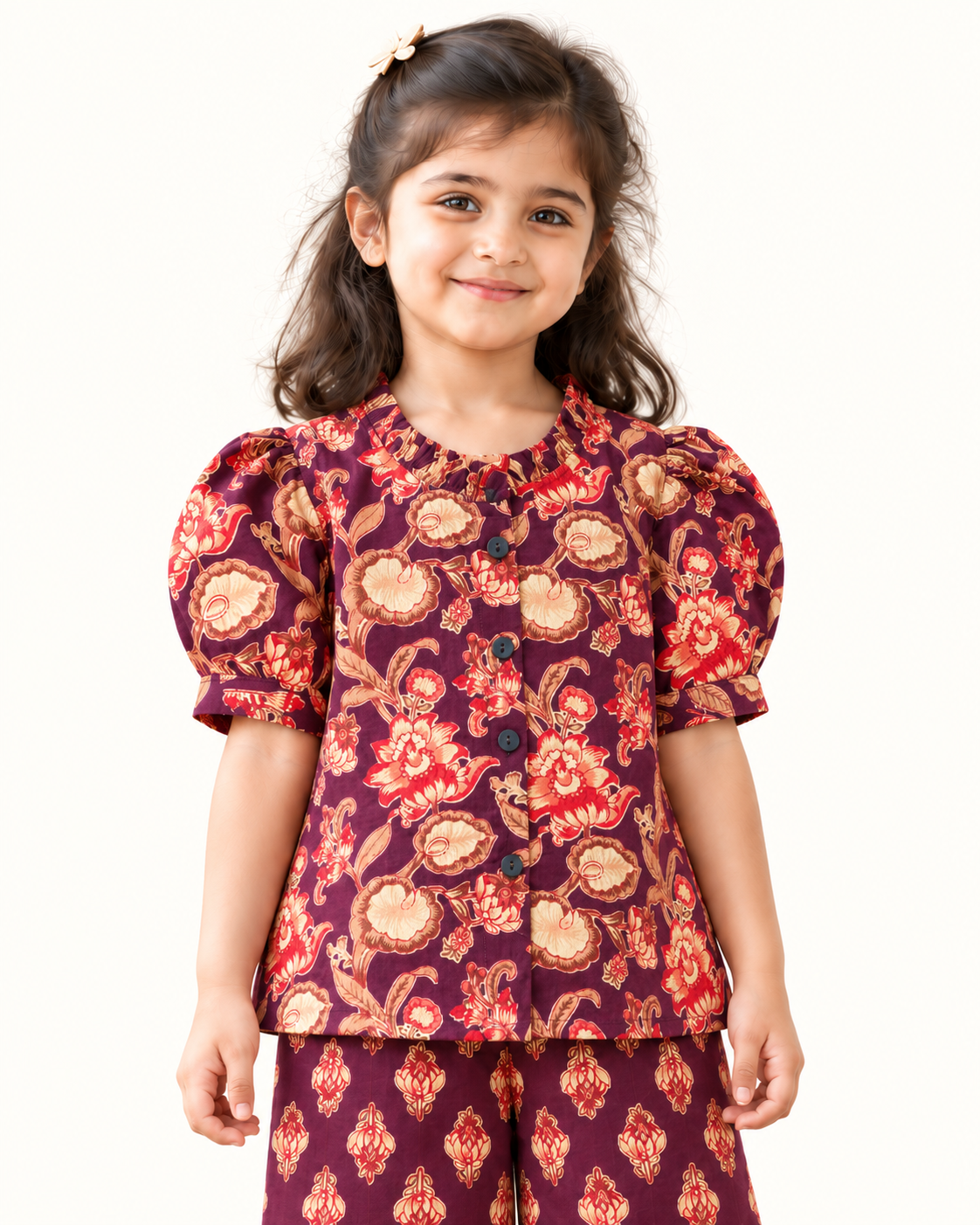 Plum Floral Puff-Sleeve Palazzo Set for Girls — ruffled neckline and sleeve detail