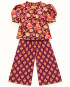 Plum Floral Puff-Sleeve Palazzo Set for Girls — front flat lay