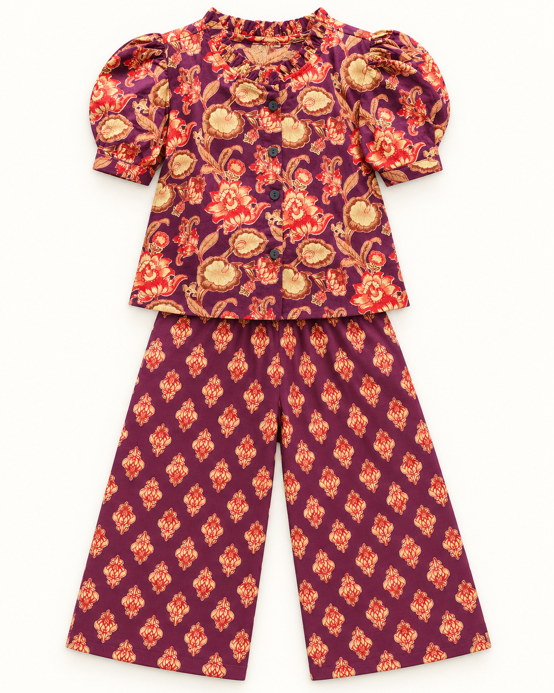 Plum Floral Puff-Sleeve Palazzo Set for Girls — front flat lay