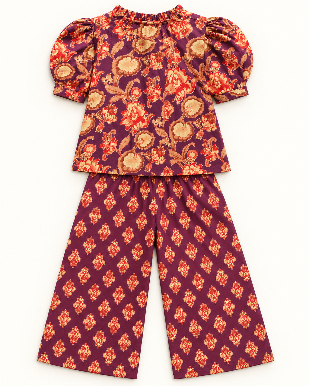 Plum Floral Puff-Sleeve Palazzo Set for Girls — back flat lay